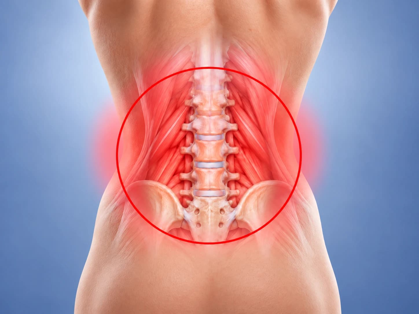 Rear-view lower back anatomy highlighting the lumbar pain region