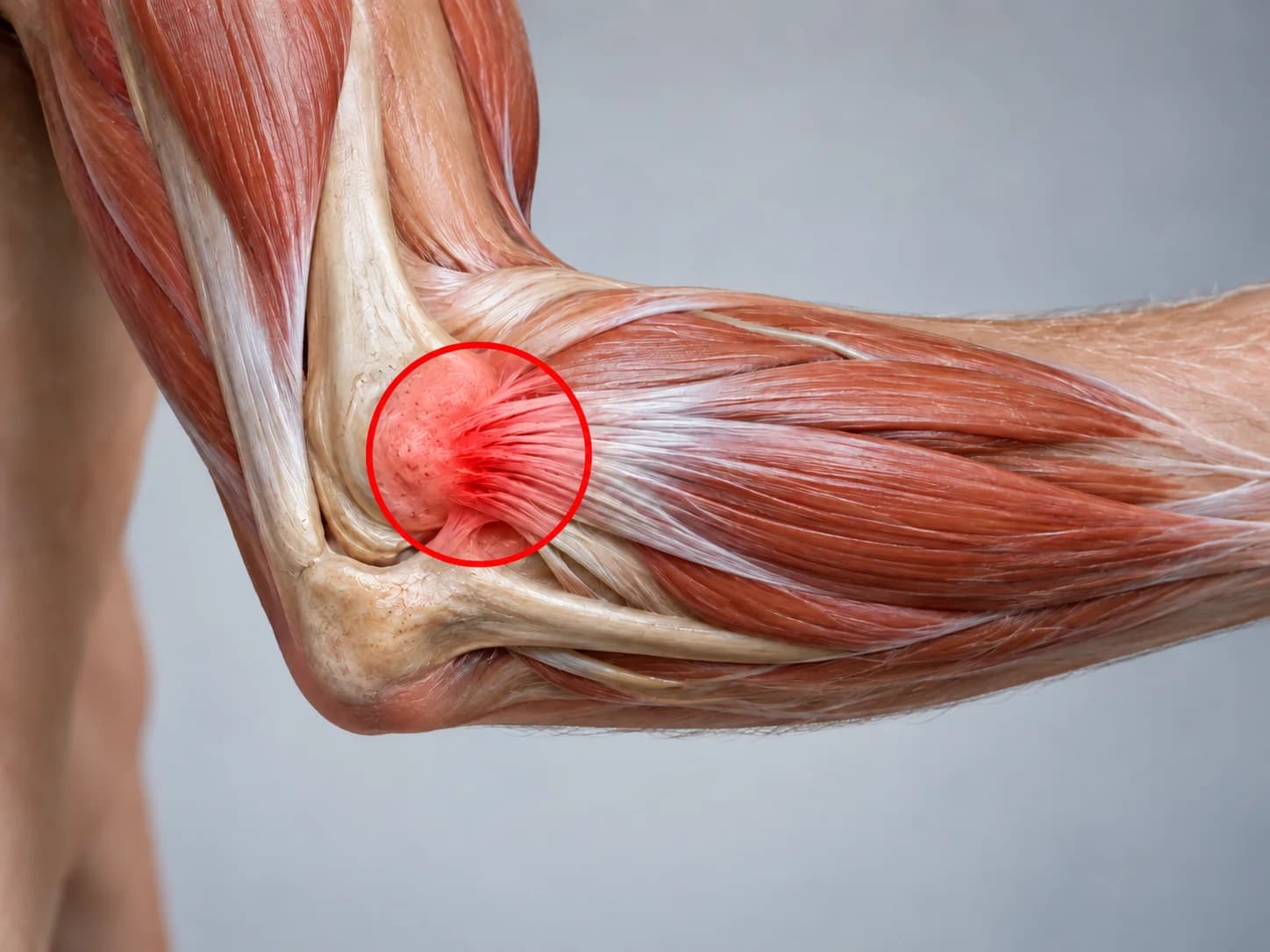 Lateral elbow anatomy showing the common area of pain associated with tennis elbow.