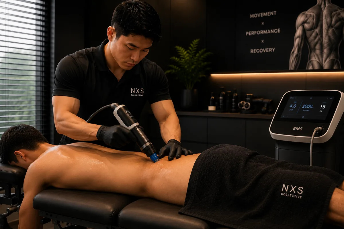 Shockwave therapy device being used on a client