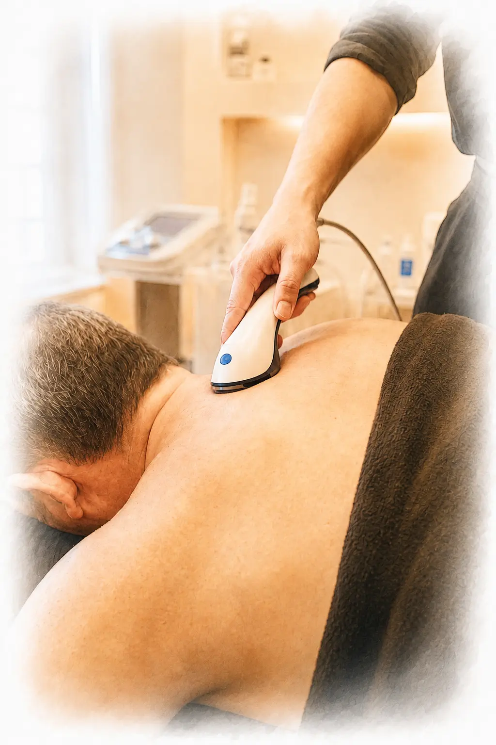 Therapeutic ultrasound being applied during a physiotherapy session