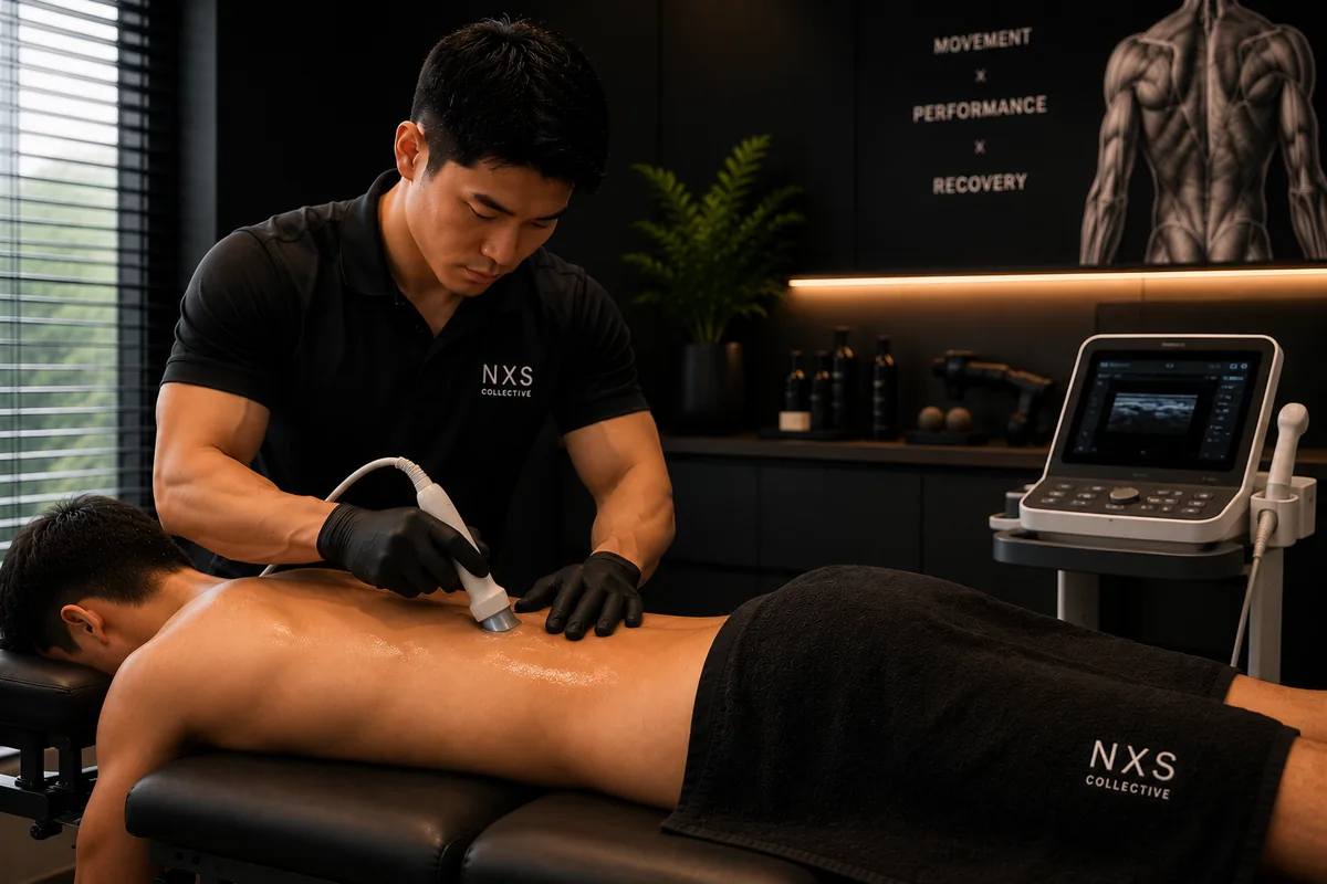 Therapeutic ultrasound being applied during a physiotherapy session